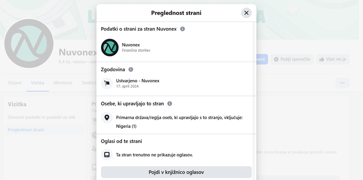 Stran Nuvonexa na družbenem omrežju Facebook ima administratorja v Nigeriji, razkriva orodje za preglednost strani.  | Foto: Posnetek zaslona