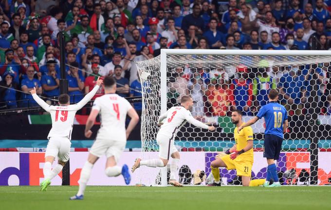 Luke Shaw je Anglijo v vodstvo popeljal že po slabih dveh minutah. To je najhitrejši zadetek v zgodovini finalov evropskih prvenstev. | Foto: Reuters