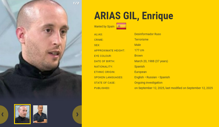 Tiralica, razpisana za španskim univerzitetnim profesorjem, na spletni strani Europola.  | Foto: Europol