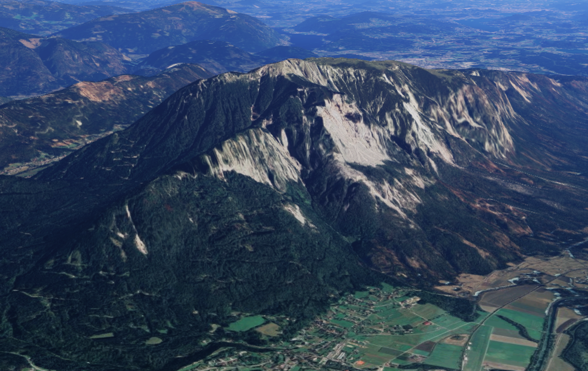 Dobrač | Južno pobočje gore Dobrač v Avstriji je še danes spomenik potresa, ki je po nekaterih ocenah vzel kar 40 tisoč življenj.  | Foto Google Zemljevidi