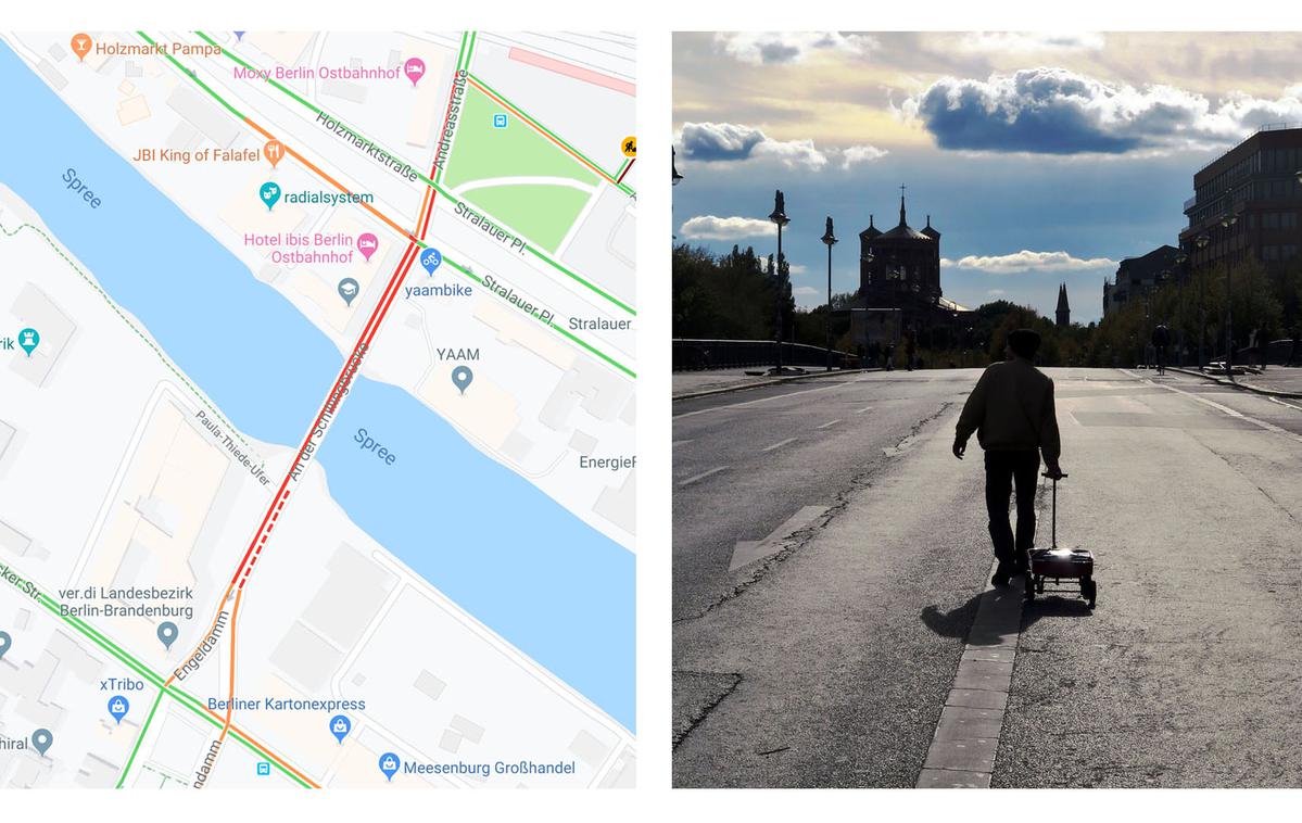Simon Weckert, Google Maps | Berlinski umetnik je na preprost način na Googlovih zemljevidih "ustvaril" prometni zastoj. | Foto SimonWeckert.com
