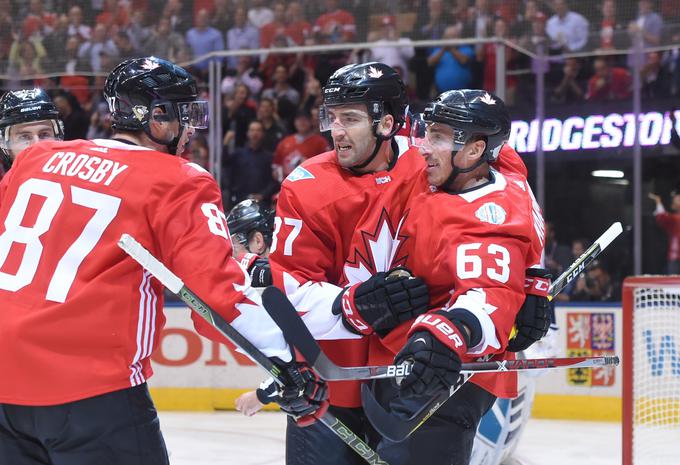 Udarni kanadski trio svetovnega pokala, kapetan Sidney Crosby, Patrice Bergeron in Brad Marchand so na šestih tekmah dosegli 25 točk.  | Foto: Reuters