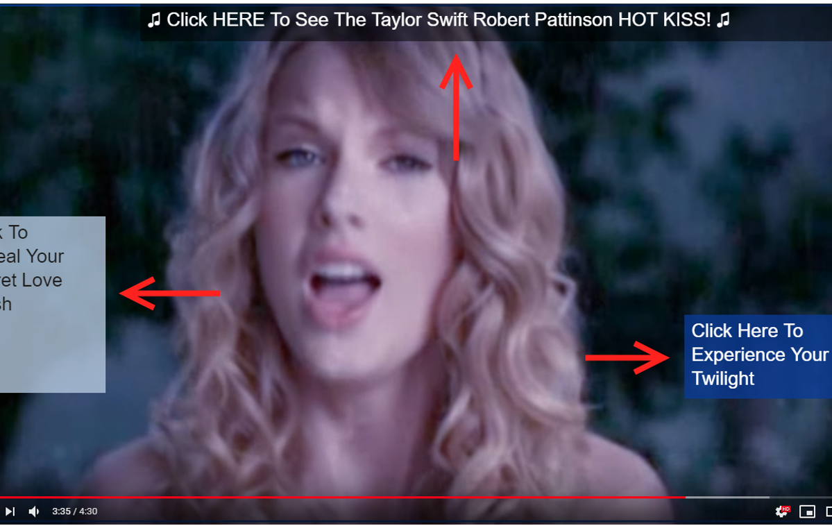 YouTube | Okvirčki s povezavami na druge videoposnetke in celo druge spletne strani so bili še posebej pogost pojav pri videoposnetkih, ki so bili namenjeni mlajšim demografskim skupinam uporabnikov, saj so bolj nagnjeni h klikanju povezav, ki obljubljajo še več podobnih vsebin. Tale videoposnetek s pesmijo Taylor Swift in prizori iz filmov Somrak vsebuje okvirčke s povezavami, ki vodijo do nekaj zelo absurdnih drugih videoposnetkov.  | Foto Matic Tomšič / Posnetek zaslona