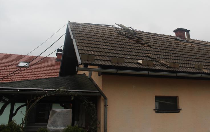 Voznik je med vožnjo z roko dvigala poškodoval tudi strehi dveh stanovanjskih hiš in drog napeljave ter lomil veje dreves.  | Foto: policija