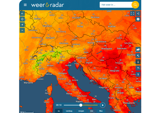 Današnji jutranji pogled na naš del Evrope prek filtra za prikaz toplotne obremenitve na portalu Weer & Radar. | Foto: posnetek zaslona