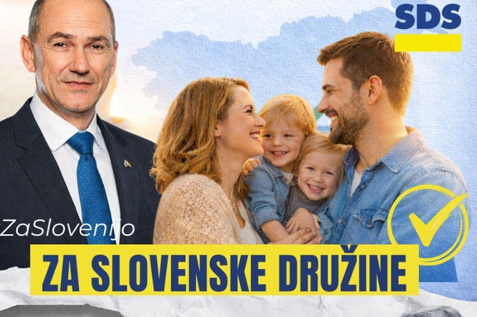 SDS Janez Janša | Fotografija družine ob prvaku stranke SDS je bila zelo verjetno ustvarjena z generativno umetno inteligenco. | Foto Facebook / SDS