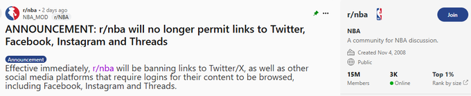 Obvestilo petnajstim milijonom članom skupnosti r/nba na Redditu, kjer se zbirajo ljubitelji najmočnejše košarkarske lige na svetu, da je deljenje povezav na Twitter, Facebook, Instagram in Threads od zdaj naprej prepovedano. | Foto: Posnetek zaslona