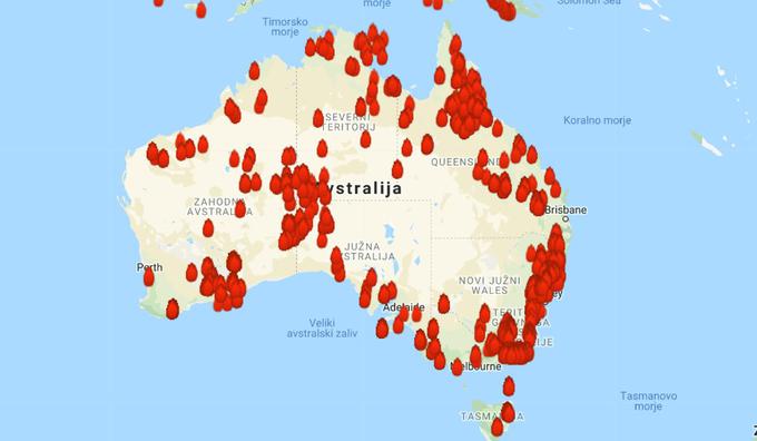 Takšne so trenutno razsežnosti gozdnih požarov v Avstraliji. | Foto: MyFireWatch