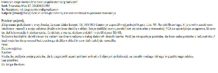 Elektronska pošta, ki jo uporabniku v upanju, da bo nasedel, pošlje prevarant, je lahko videti zelo prepričljivo in vsebuje dokumente legitimnega videza, imena in logotipe resničnih oseb in organizacij, veliko pravnih in finančnih izrazov. A pozorni moramo biti predvsem na jezik, saj prevarante skoraj vedno izdajo slovnične napake.  | Foto: Matic Tomšič