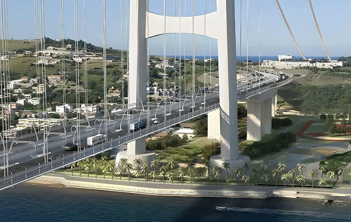 Sicilija most | Projekt poleg 3,3 kilometra dolgega visečega mostu zajema še gradnjo 40 kilometrov cestnih in železniških povezav, treh novih železniških postaj in poslovnega središča v Kalabriji.  | Foto X/@ZSchneeweiss