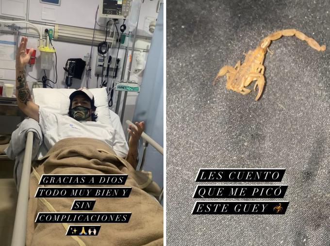 Jose Ron je oboževalcem iz bolniške postelje sporočil, da je vse v redu. Fotografiral je tudi škorpijona, ki ga je pičil.  | Foto: Instagram & Imdb