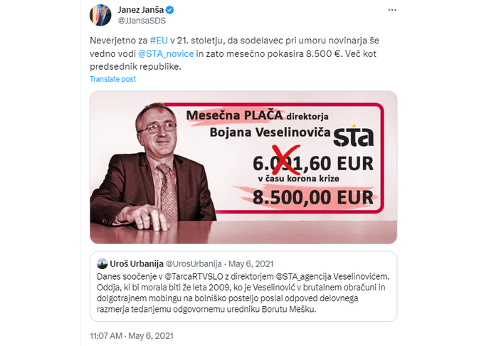 Objava Janeza Janše, ki je predmet tožbe Bojana Veselinoviča proti nekdanjemu premierju, je še vedno dostopna na družbenem omrežju X, nekdanjem Twitterju. | Foto: Matic Tomšič / Posnetek zaslona