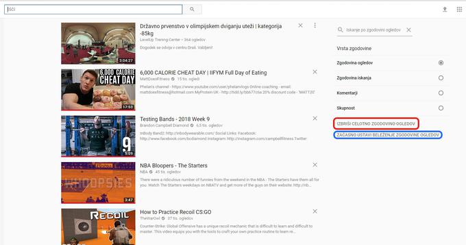 Obkroženo z rdečo: YouTube, izbriši celotno mojo zgodovino ogledov. Obkroženo z modro: YouTube, prenehaj spremljati, kateri videoposnetek si ogledam.  | Foto: Matic Tomšič