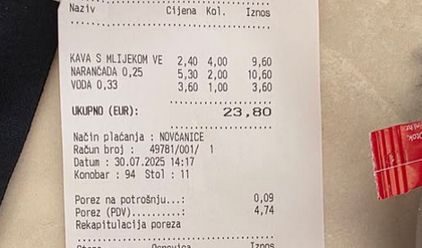 Hrvat delil račun iz Splita: cena vode in oranžade presenetila mnoge