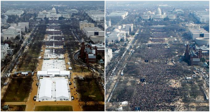 Na levi fotografiji je občinstvo na Trumpovi inavguraciji leta 2017, na desni pa na Obamovi inavguraciji leta 2009. | Foto: Reuters