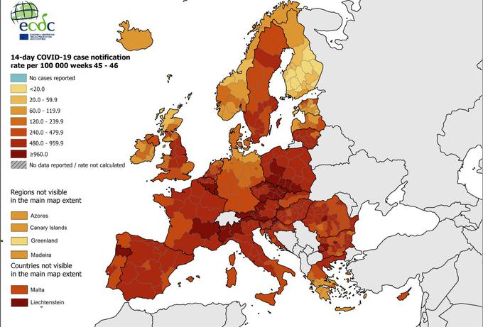 Število potrjenih primerov okužbe na 100 tisoč prebivalcev v zadnjih 14 dneh v Evropi za obdboje od 2. do 15. novembra. | Foto: ecdc.europa.eu
