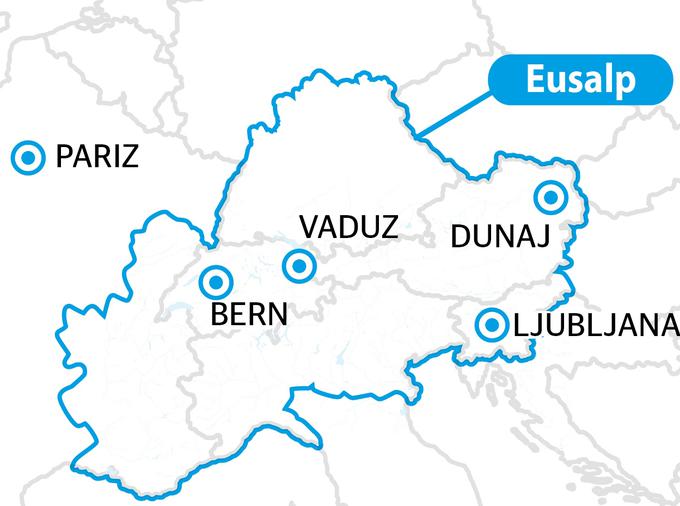 V celoti ali vsaj deloma na območju Alp leži osem evropskih držav, in sicer Avstrija, Francija, Italija, Liechtenstein, Monako, Nemčija, Slovenija in Švica. Na fotografiji je zemljevid območja, ki jih zaobjema Evropska strategija za alpsko regijo (s kratico EUSALP oziroma Eusalp).  | Foto: Evropska komisija