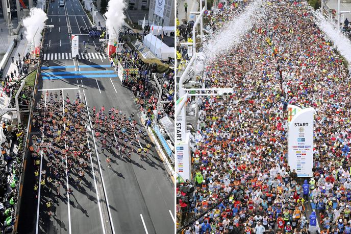 tokijski maraton tokio | Na tokijskem maratonu so zaradi preventivnih ukrepov, povezanih s koronavirusom, letos lahko nastopili zgolj elitni tekači in udeleženci na invalidskih vozičkih. Namesto 38 tisoč tekačev se jih je maratona udeležilo zgolj 200. Na fotografiji je primerjava med letošnjo (na levi) in lansko (na desni) udeležbo. | Foto Reuters