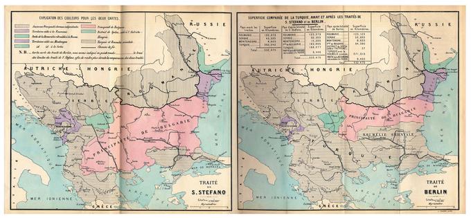 Marca 1878 je carska Rusija po zmagi v vojni z Otomanskim cesarstvo z mirom v San Stefanu ustanovila samostojno kneževino Bolgarijo, ki je obsegala tudi Makedonijo (levi zemljevid). Zahodne sile so bile proti in na Berlinskem kongresu istega leta se je ozemlje kneževine Bolgarije zelo skrčilo (desni zemljevid). Znova so Makedonijo v okvir Bolgarije Bolgari vključili med letoma 1941 in 1944, ko so kot zavezniki nacistične Nemčije napadli kraljevino Jugoslavijo. | Foto: Wikimedia Commons