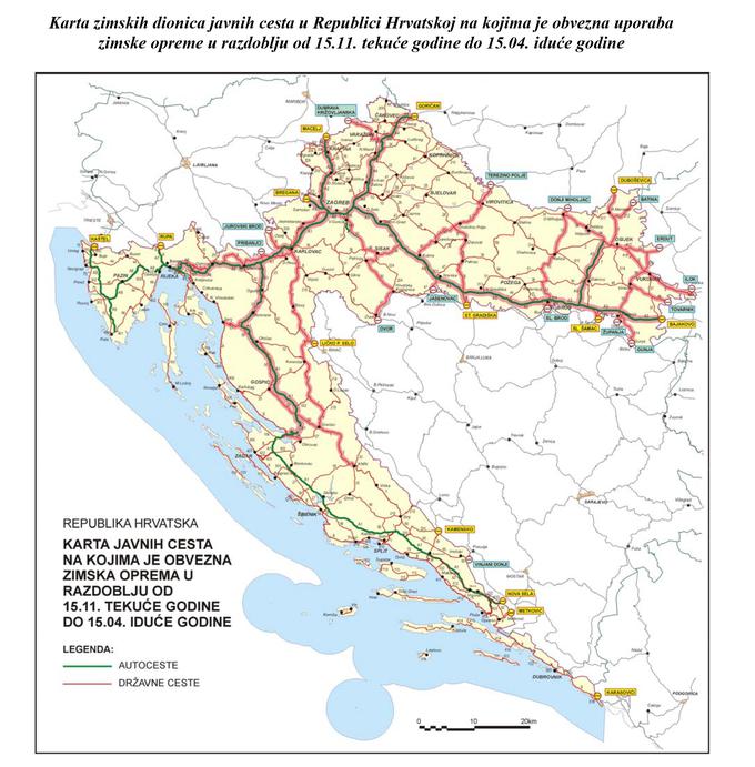 Zemljevid cest na Hrvaškem, kjer je že obvezna zimska oprema. | Foto: 