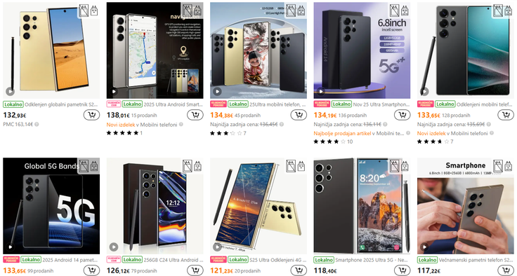 Poceni pametni telefoni z operacijskim sistemom Android, ki so na las podobni zastavonošam ponudbe podjetja Samsung, modeloma Galaxy S24 Ultra in S25 Ultra. Nekateri od njih imajo celo podobna imena.  | Foto: Posnetek zaslona