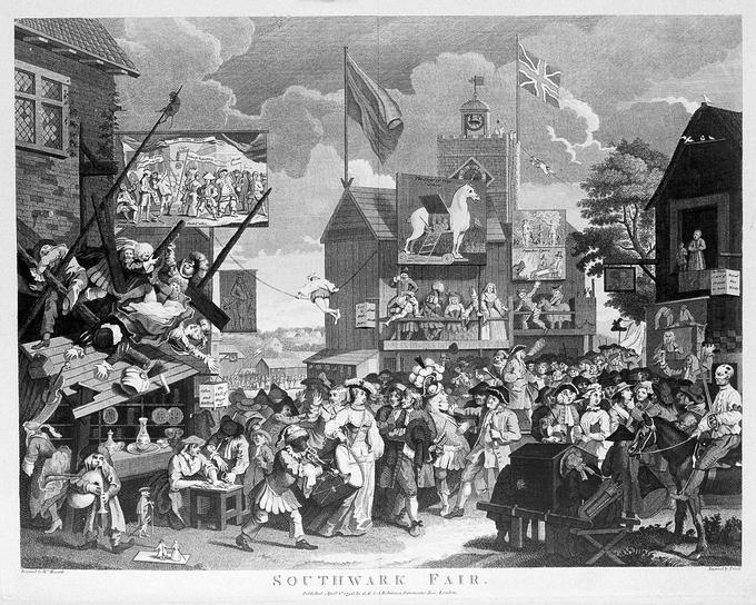 Sejem Southwark, kot ga je upodobil umetnik in satirist William Hogart (1697–1764). James Figg je desno spodaj s sabljo in na konju. | Foto: Thomas Hilmes/Wikimedia Commons