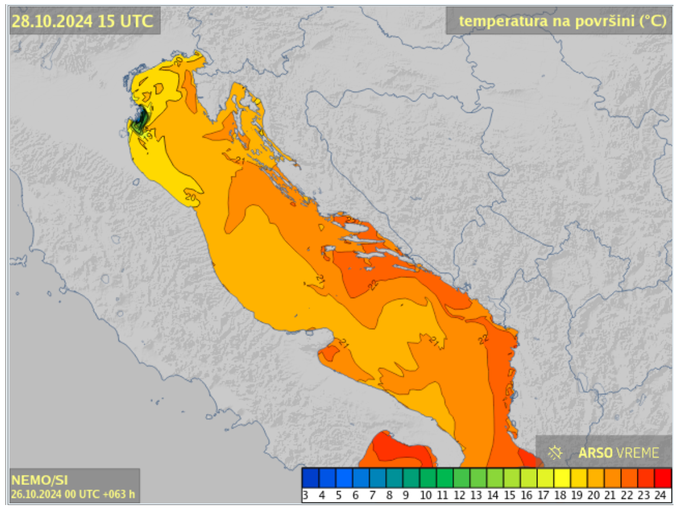 Karta napoveduje najvišje dnevne temperature Jadranskega morja v ponedeljek, 28. 10. 2024. Ponekod v Dalmaciji bo morje najtoplejše, sonce ga bo čez dan ogrelo do okoli 23 stopinj Celzija. Če boste slučajno dopustovali v Istri ali na Kvarnerju, bo imelo morje kakšni dve stopinji manj. | Foto: Arso