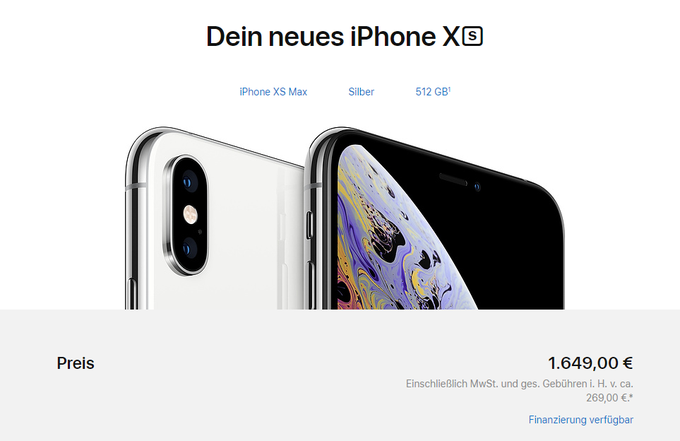 Veliki iPhone Xs Max z 256 gigabajti prostora bo medtem stal še sto evrov več, in sicer 1.419 evrov. Najzmogljivejši iPhone Xs Max s 512 gigabajti prostora za shranjevanje podatkov bo medtem postavil nov Applov rekord, saj stane kar 1.649 evrov.  | Foto: Matic Tomšič / Posnetek zaslona