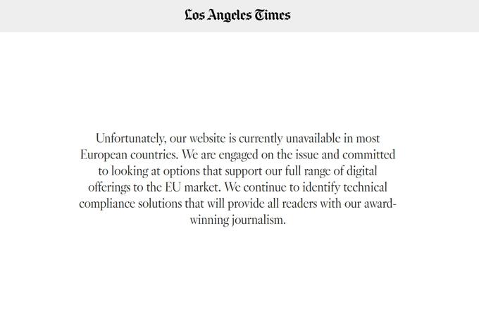 Takole je danes za evropskega obiskovalca videti naslovna stran medija Los Angeles Times. "Oprostite, toda naša spletna stran trenutno ni na voljo za ogled v večini evropskih držav." | Foto: 