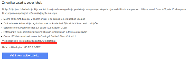 Informacije o Sonyjevem pametnem telefonu Xperia 10 VII vključujejo tudi podatek, da je v škatli samo telefon, kabla in polnilnega adapterja pa ni.  | Foto: Posnetek zaslona / Sony
