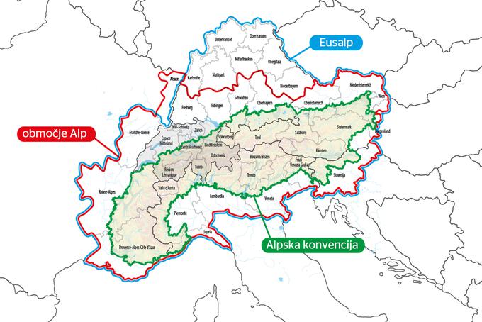 Zemljevid EUSALP (modra črta), Območja Alp (rdeča črta) in Alpske konvencije (zelena črta). Alpe (njhov obseg prikazuje zelena črta) so okoli 1.200 kilometrov dolgo pogorje, ki se razteza od Azurne obale v Franciji do Dunaja v Avstriji in Maribora v Sloveniji. Na Območju Alp (znotraj rdeče črte) živi okoli osemdeset milijonov ljudi. | Foto: Evropska komisija