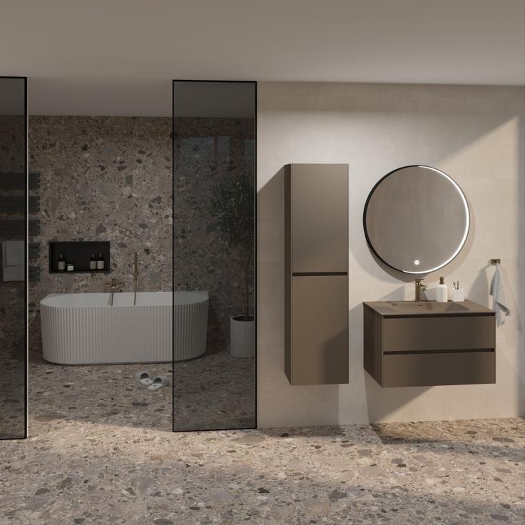 Fero-Term: Concepto+ kopalniška omarica Romina, May Ceramics ploščica Inlay Natural, May Ceramics ploščica Cementino Blast Bone, Concepto+ kopalniška baza Romina, Voxort kad Umbriel Stripe, Voxort mešalnik za kad Dahlia, Voxort mešalnik za umivalnik Dahlia Cool Start, Concepto+ ogledalo z LED osvetlitvijo Rafi Touch, Voxort dozirnik za milo Card, Voxort kozarec Card, Voxort stenska niša, Voxort obešalnik 4000, Terma radiator Tinetto Black. | Foto: Fero-Term