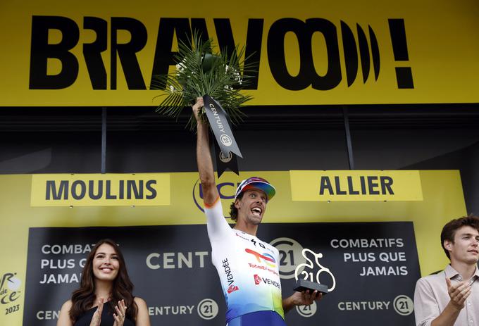 36-letni Italijan Daniel Oss, ki je pred glavnino vztrajal vse do zadnjih 13 kilometrov, je bilo izbran za najbolj borbenega kolesarja v etapi. | Foto: Reuters