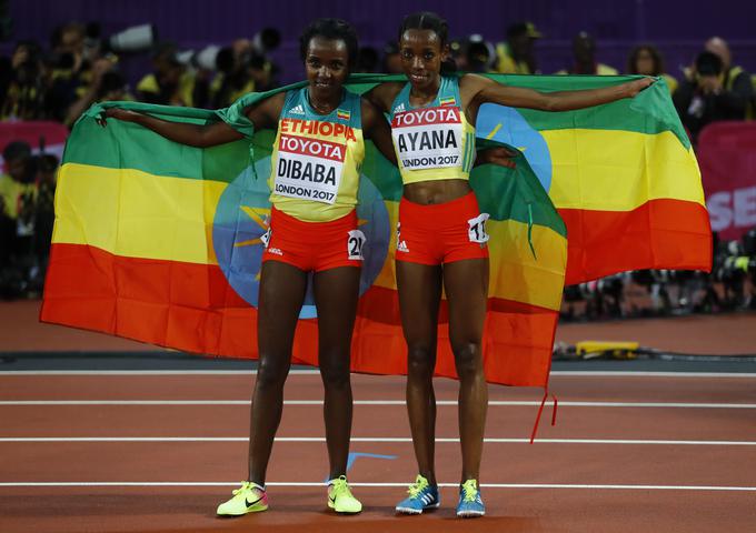 Tirunesh Dibaba in Almaz Ayana sta poskrbeli za dvojno etiopsko slavje v teku na 10.000 metrov. | Foto: Reuters