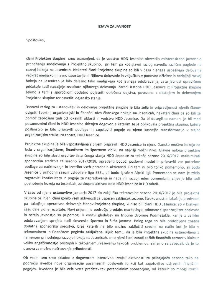 Izjava za javnost jesenice projektna skupina | Foto: 