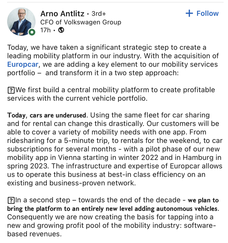Volkswagen je s prevzemom podjetja Europcar napovedal lastno platformo za nudenje mobilnosti. Isto floto avtomobilov bodo uporabili tako za souporabo kot za klasične najeme. To je njihov prvi finančnik objavil na Linkedinu. | Foto: zajem zaslona/Diamond villas resort