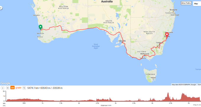 Trasa kolesarske avanture Indian Pacific Wheel Race med Perthom in Sydneyem. | Foto: 
