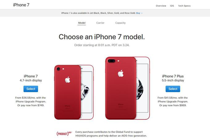 Ponudba za posebno izdajo rdečega iPhona 7 in iPhona 7 Plus na uradni Applovi spletni strani. | Foto: Apple