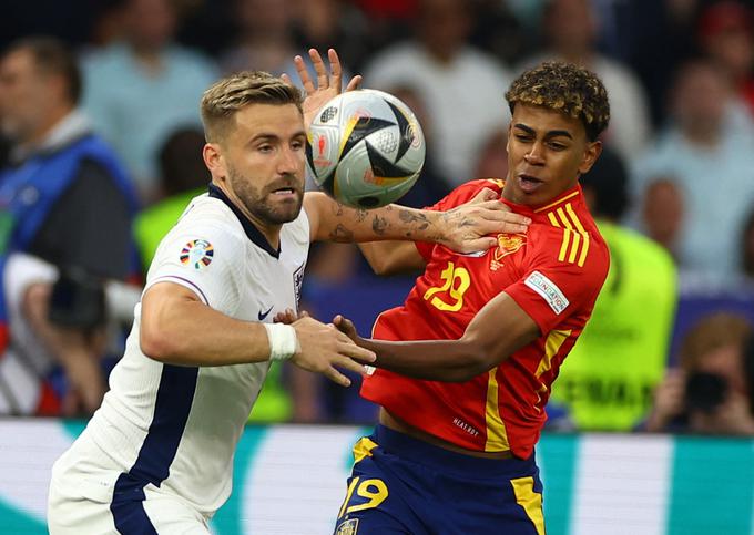 Obračun Luka Shawa, ki prvič igra od prve minute na tem Euru in se na levi strani kosa z 17-letnim španskim draguljem Laminejem Yamalom. | Foto: Reuters