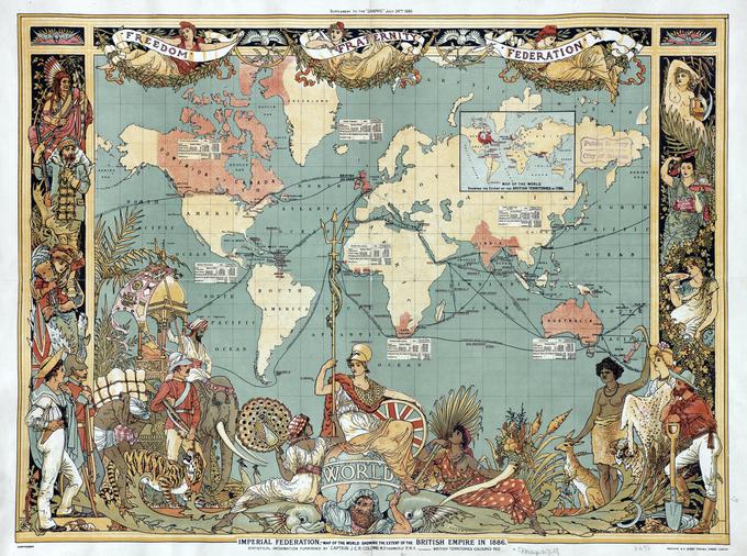 Zemljevid britanskega imperija leta 1886. V poznejših desetletjih se je britanski imperij še razširil, zlasti v Afriki (Egipt, Sudan, Južna Afrika ...). Po prvi svetovni vojni sta del imperija med drugim postala še Jordanija in Irak. | Foto: commons.wikimedia.org