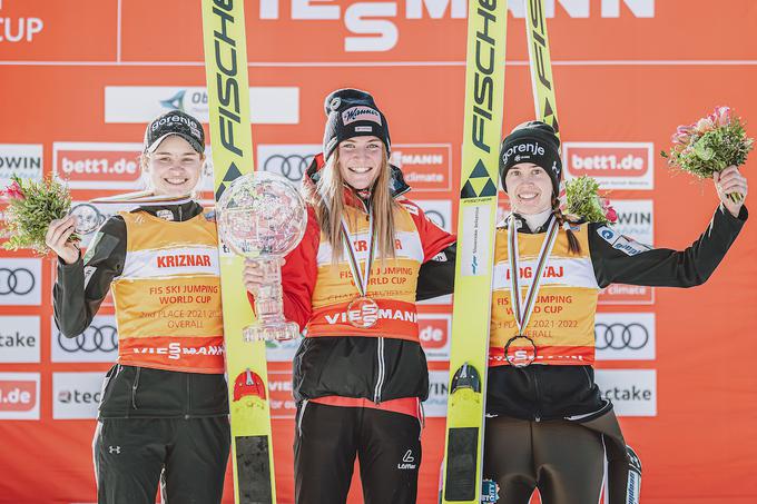 Veliki kristalni globus je osvojila Marita Kramer, drugo mesto v skupnem seštevku je pripadlo lanski zmagovalki Niki Križnar, tretje pa Urši Bogataj. | Foto: Sportida
