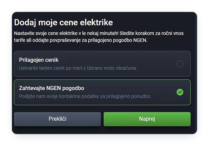Izbira med lastnim cenikom in povpraševanjem za pogodbo. | Foto: Ngen