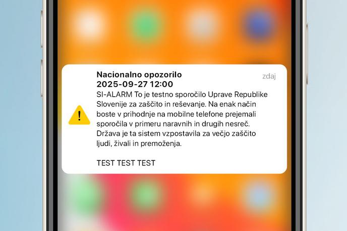SI-ALARM, testno sporočilo | Tako bo videti preizkusno sporočilo, ki bi se 27. septembra opoldne moralo prikazati na vseh vključenih mobilnih napravah, priključenih v katerokoli slovensko mobilno omrežje. | Foto Ministrstvo za digitalno preobrazbo