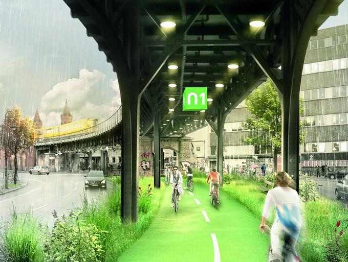 Berlin, Nemčija: kolesarska steza na neizrabljenem prostoru pod mestno železnico (arhitekti: Paper planes e.V.) - koncept. | Foto: BAB - Bicycle Architecture Biennale