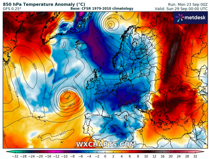 Hladne barve (modra, vijoličasta, zelena) pomenijo temperature, nižje od povprečnih. Ravno nasprotno tople barve (rumena, rdeča) in siva pomenijo odklone temperatur nad povprečjem. Karta prikazuje napoved temperaturnih odklonov na nadmorski višini okoli 1.500 metrov in velja za nedeljo, 29. 9. 2024, opolnoči. | Foto: wxcharts