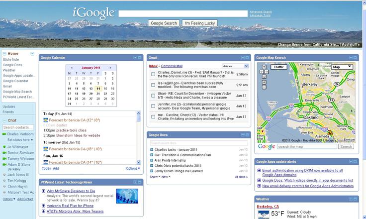 Google je domačo stran, ki jo je bilo mogoče prilagoditi z različnimi vsebinami, iGoogle, uporabnikom že ponujal med letoma 2005 in 2013. Pogoj za personalizacijo strani iGoogle je bila registracija Googlovega uporabniškega računa. Storitev iGoogle so ukinili novembra 2013, Google pa jo je utemeljil z razlogom, da potrebe po njej več ni, saj se je vse več uporabnikov selilo na mobilne platforme. iGoogle je na vrhuncu priljubljenosti obiskovala kar petina vseh uporabnikov Googla.  | Foto: Berkeley Lab Commons