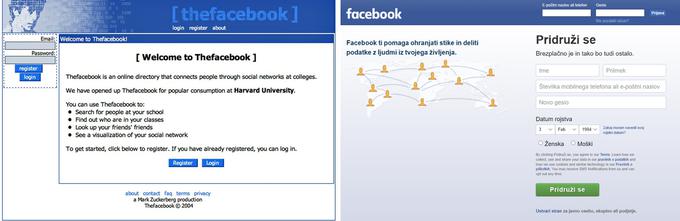 Levo prijavna stran za TheFacebook leta 2004, desno današnja prijavna stran za Facebook. | Foto: Matic Tomšič / Posnetek zaslona