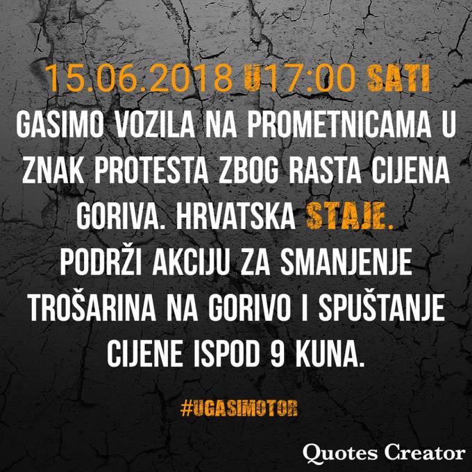 Tako Hrvati na družbenem omrežju Facebook napovedujejo in vabijo k udeležbi k protestu. | Foto: Facebook - stop rastu cijena goriva