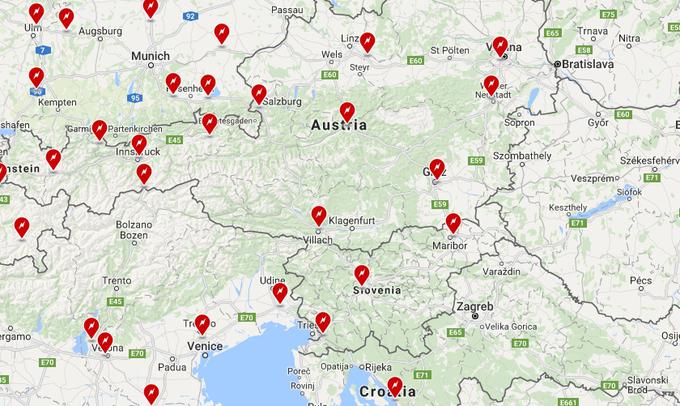 Lokacije Teslinih polnilnic v okolici Slovenije. | Foto: Tesla Motors