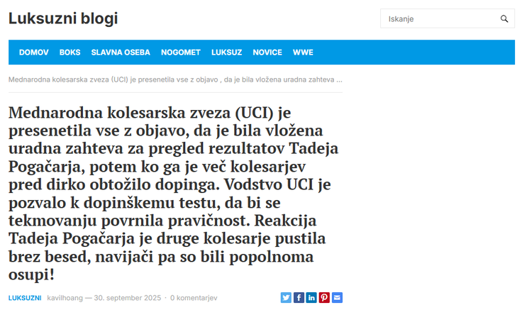 V slovenski jezik prevedena lažna objava o Tadeju Pogačarju in domnevni preiskavi slovenskega kolesarja zaradi dopinga.  | Foto: Posnetek zaslona